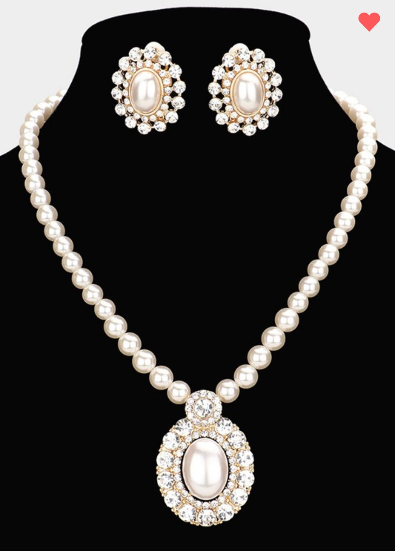 Oval Pearl Stone Necklace Clip On Earring Set
