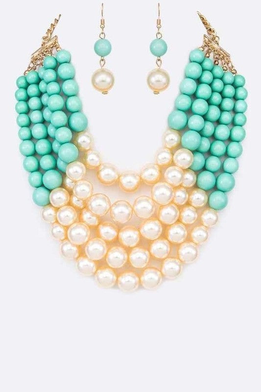 2 Tone Layered Pearls Strand Necklace Set