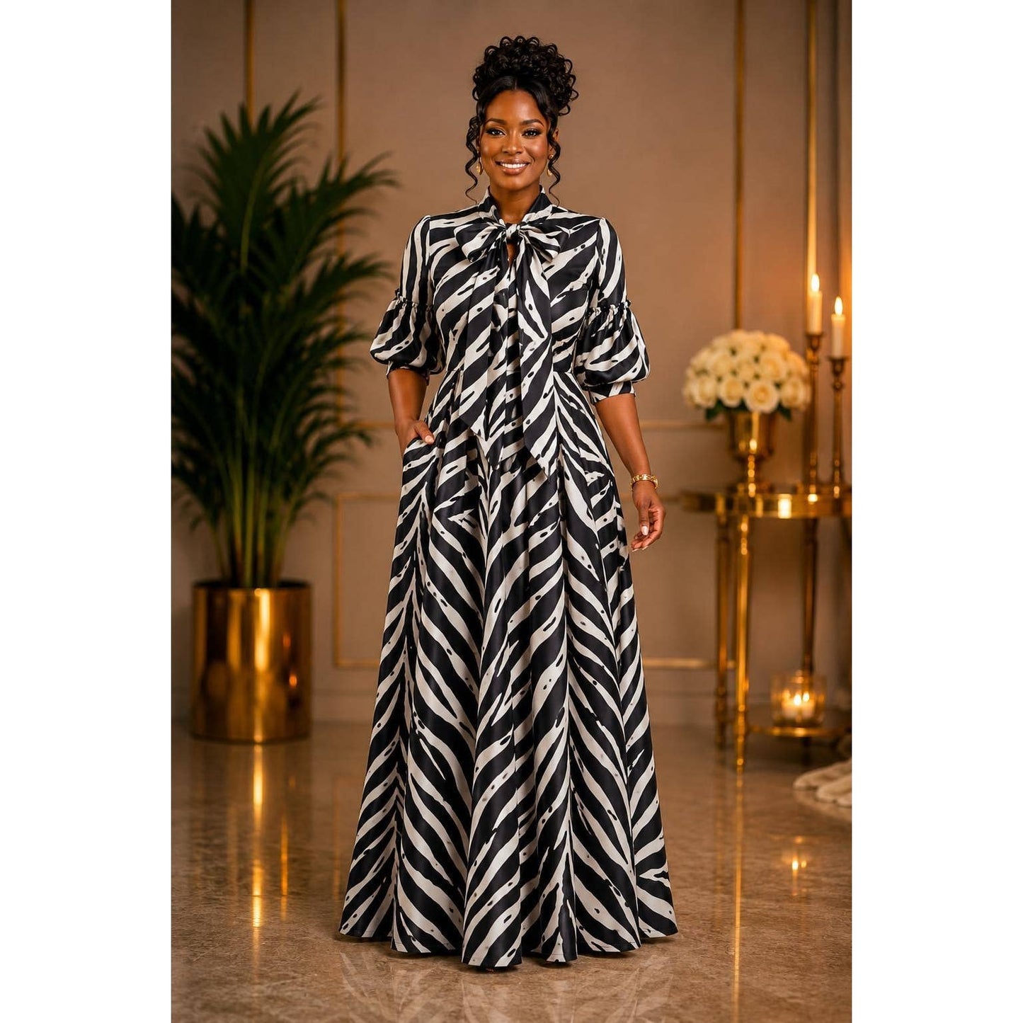ZEBRA PRINT CREPE TECHNO FLOWY MAXI DRESS