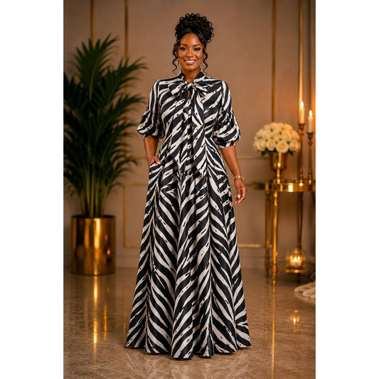 ZEBRA PRINT CREPE TECHNO FLOWY MAXI DRESS